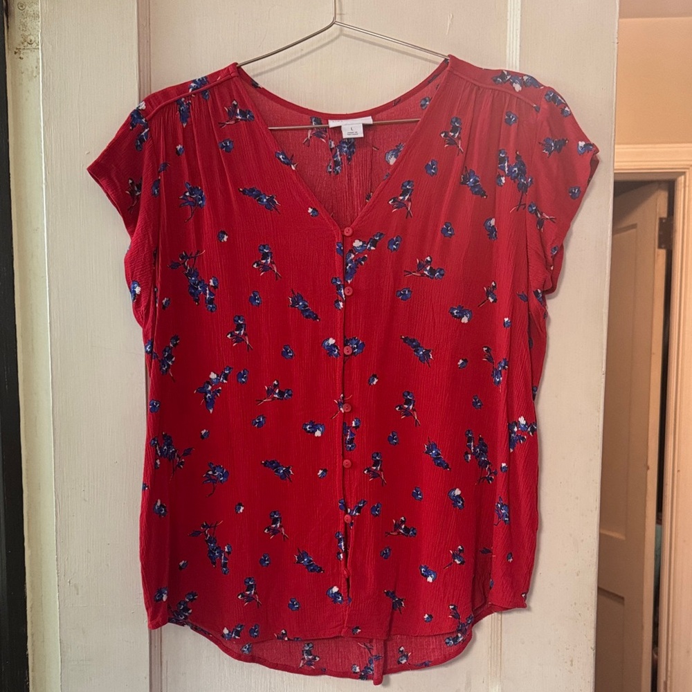 Liz Claiborne Red Floral Button-Front Blouse